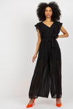 Pleated Wide-Leg Jumpsuit with V-Neckline and Waist Tie