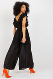 Pleated Wide-Leg Jumpsuit with V-Neckline and Waist Tie