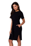 Elegant Fitted Cotton Knit Dress with Patch Pockets & Belt