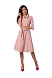 Feminine Flared Bottom Dress with Shawl Collar and Belt