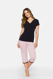 Elegant Black Lace-Trimmed Women's Pajama Set in Pink