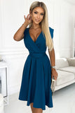 Chic Sea Color Flared Dress with Envelope Neckline & Belt