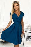 Chic Sea Color Flared Dress with Envelope Neckline & Belt