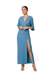 Elegant Long Evening Dress with High Leg Slit and Kimono Sleeves