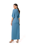Elegant Long Evening Dress with High Leg Slit and Kimono Sleeves