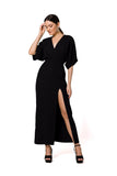 Elegant Long Evening Dress with High Slit and Kimono Sleeves