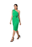 One-Shoulder Draped Dress with Tie Belt and Overlap Cut