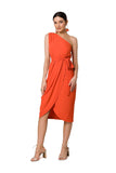 One-Shoulder Draped Dress with Tie Belt and Zipper Closure