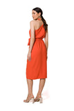 One-Shoulder Draped Dress with Tie Belt and Zipper Closure