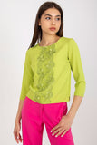 Lace-Trimmed 3/4 Sleeve Blouse with Round Neckline
