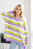 Colorful Striped Loose-Fitting Sweater with Heart Neckline