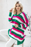 Colorful Striped Heart Neckline Loose-Fitting Sweater