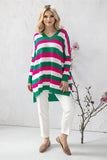 Colorful Striped Heart Neckline Loose-Fitting Sweater