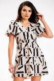 BEIGE CREPE MINI DRESS WITH ELASTIC WAIST AND SLEEVES