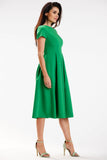 Elegant Midi Dress with Short Sleeves and Boat Neckline