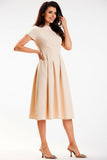 Elegant Midi Dress with Short Sleeves and Boat Neckline