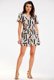 BEIGE CREPE MINI DRESS WITH ELASTIC WAIST AND SLEEVES