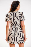 BEIGE CREPE MINI DRESS WITH ELASTIC WAIST AND SLEEVES