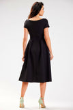 Elegant Midi Dress with Boat Neckline and Short Sleeves