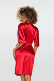 Elegant Short-Sleeved Stretch Satin Bathrobe with Tie Waist