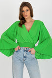 Pleated Envelope Neckline Blouse with Wide Sleeves