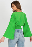 Pleated Envelope Neckline Blouse with Wide Sleeves