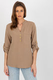 Shirt-Like Blouse with Heart Neckline and Decorative Clasp