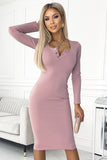 Chic Long Sleeve Dress with Button Neckline in Dusty Pink