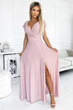 Glittery Dirty Pink Maxi Dress with Leg Slit & Neckline Appeal