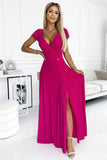 Fuchsia Glitter Maxi Dress with Leg Slit and Envelope Neckline