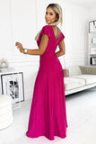 Fuchsia Glitter Maxi Dress with Leg Slit and Envelope Neckline