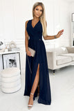 Elegant Navy Blue Gown with Slit and Back Tie Detail