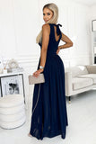 Elegant Navy Blue Gown with Slit and Back Tie Detail