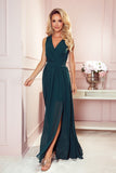 Elegant Bottle Green Gown with Slit and Back Tie Detail