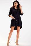 Trapezoidal Collar Loose Shirt Dress with Gold Buttons