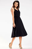 Elegant Crinkled Neckline Midi Dress with Elastic Waist