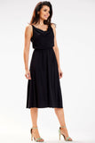 Elegant Crinkled Neckline Midi Dress with Elastic Waist