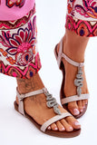 Eco Leather Women's Flat Sandals with Rhinestone Detail