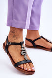 Eco Leather Women's Flat Sandals with Rhinestone Snake Detail