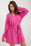 Long Sleeve Cotton Dress with Waist Drawstring and Neckline