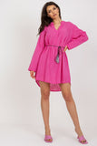 Long Sleeve Cotton Dress with Waist Drawstring and Neckline