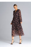 Chic Flared Midi Dress with Long Sleeves and Pleated Waist