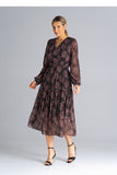 Chic Flared Midi Dress with Long Sleeves and Pleated Waist