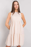 Chic Beige Sleeveless Dress with Ruffled Hem and Zipper