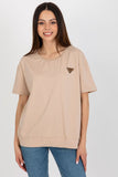 Short Sleeve Round Neck Blouse with Decorative Patch