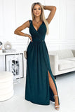 Brocade Maxi Dress with Deep Neckline & Leg Slit in Green