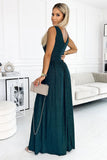 Brocade Maxi Dress with Deep Neckline & Leg Slit in Green