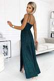 Elegant bottle green brocade maxi dress with leg slit.