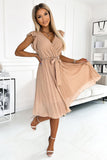 Chiffon Pleated Dress with Ruffles and Neckline in Beige