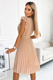 Chiffon Pleated Dress with Ruffles and Neckline in Beige